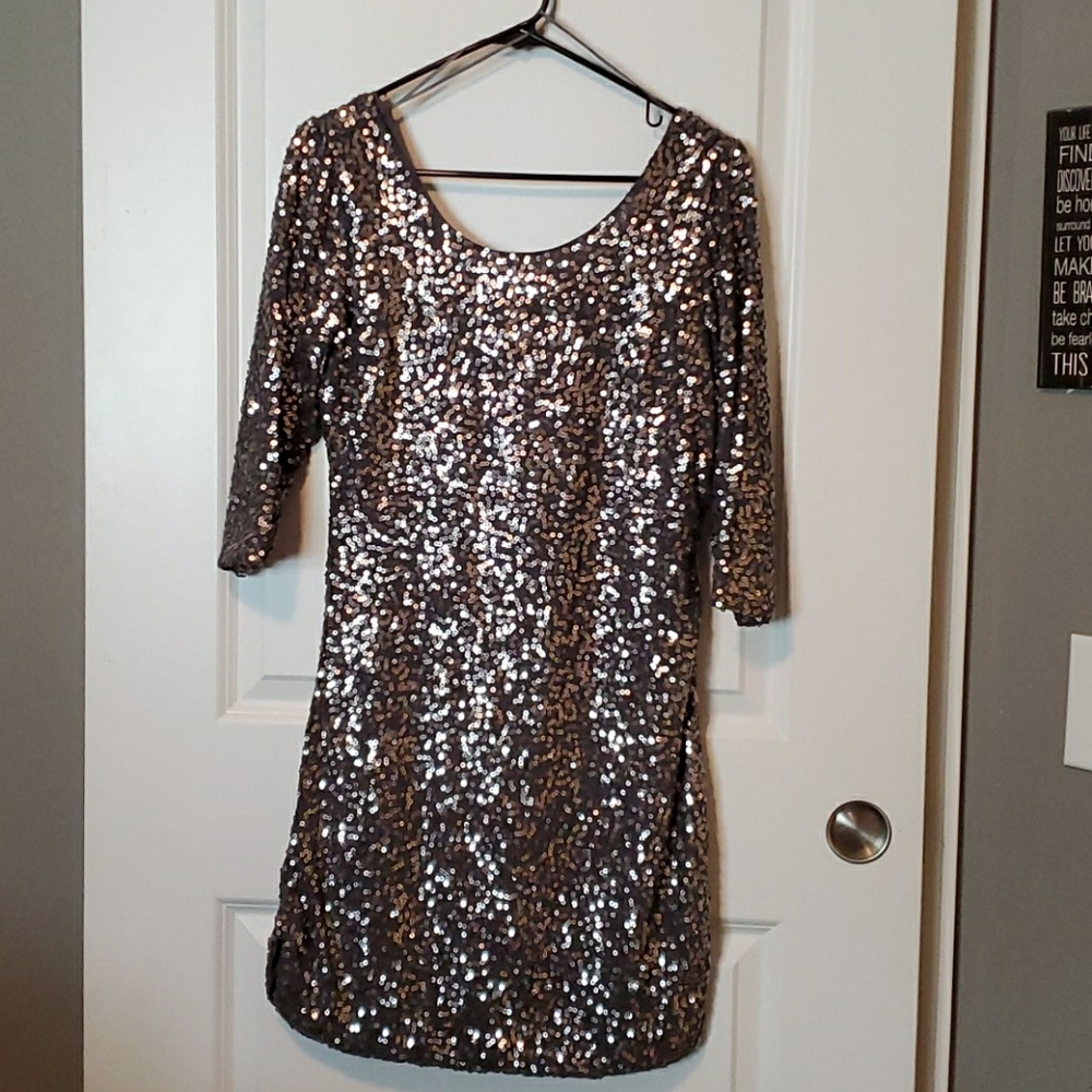 Brown with platinum sequins Formal Midi Dress